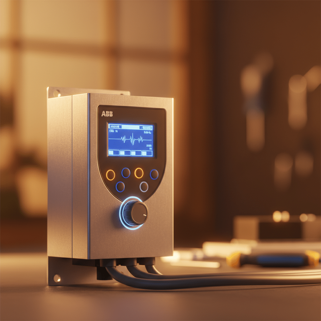 A front-view product shot of the abb acs355 variable frequency drives vfds, showing its compact design and user interface ...