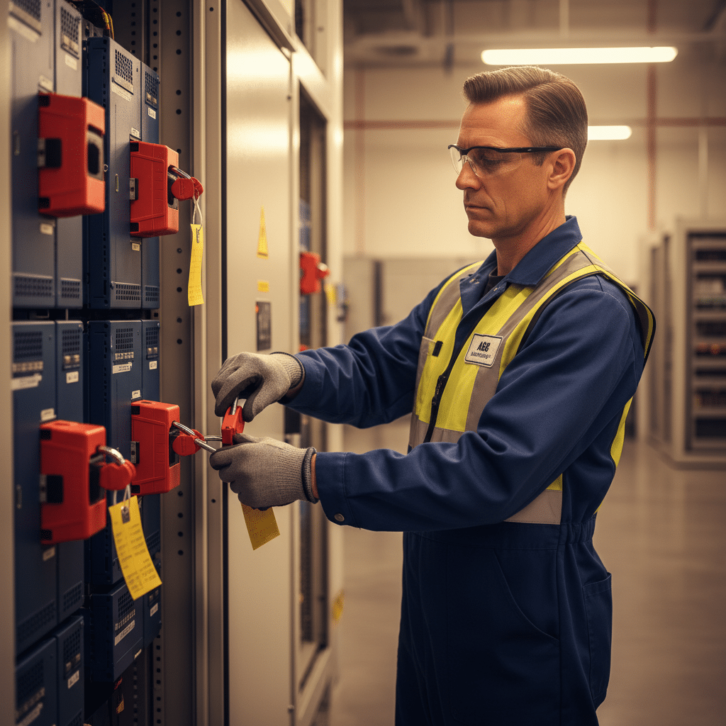 Technician performing a critical lockout-tagout safety procedure on abb acs355 variable frequency drives vfds before maint...
