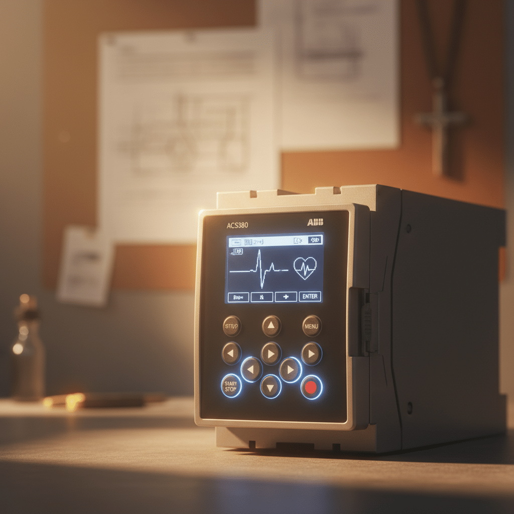 A close-up image of the abb acs380 variable frequency drives vfds, highlighting its user-friendly control panel and key fe...