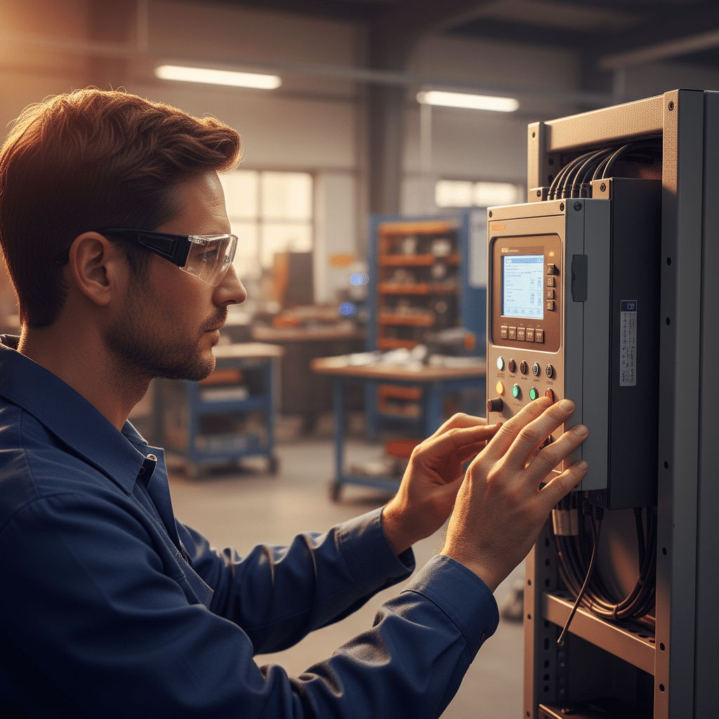A technician performs the initial setup on the control panel of the abb acs380 variable frequency drives vfds.