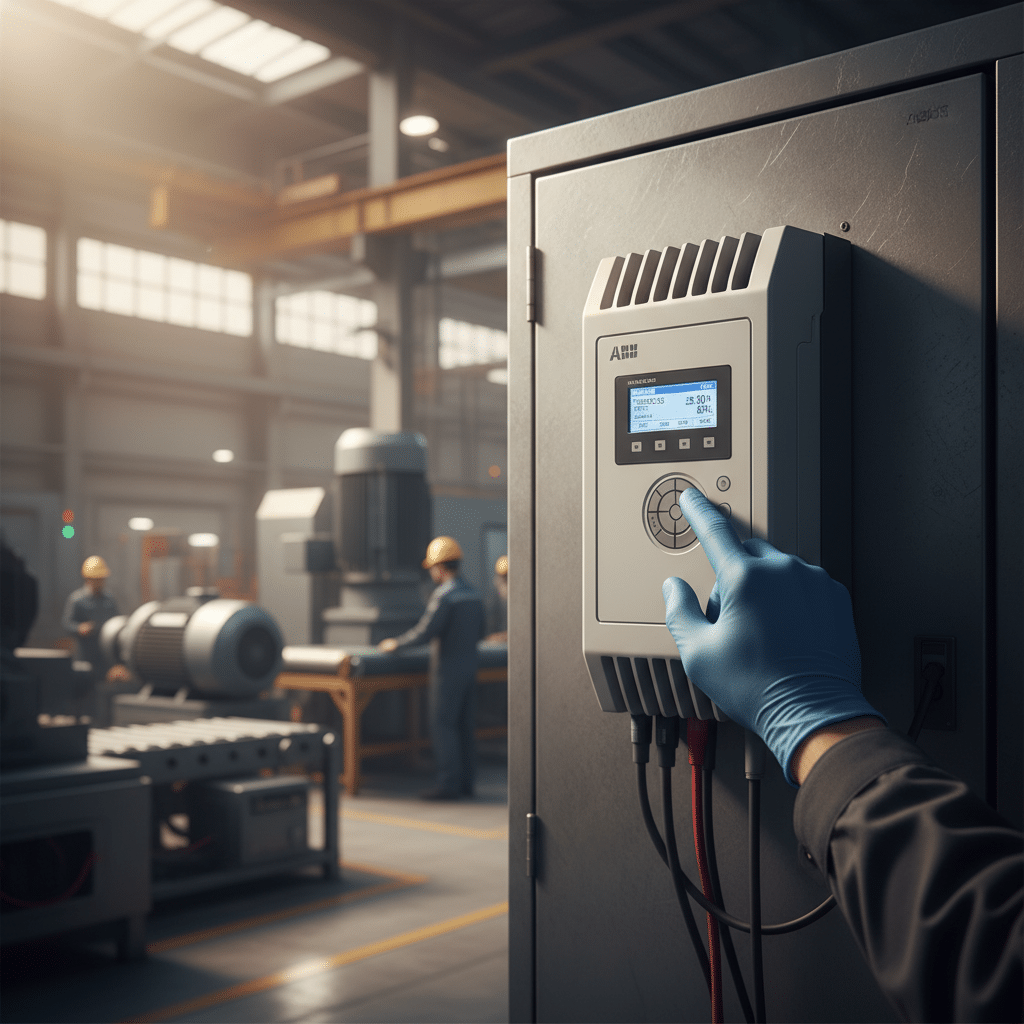 abb acs55 variable frequency drives vfds - A technician's hand adjusting the control panel on ABB ACS55 variable frequency dr