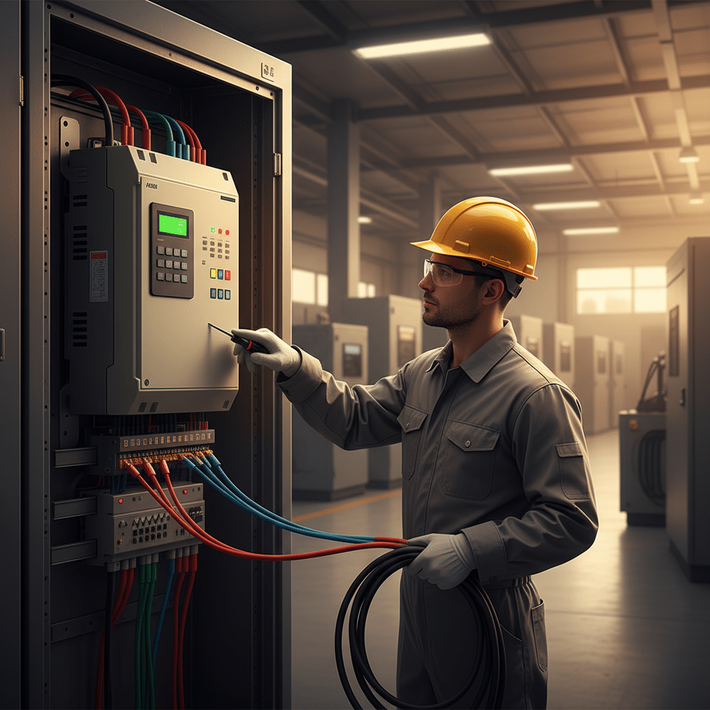 A certified technician demonstrating correct installation and wiring for abb acs550-cc variable frequency drives vfds.