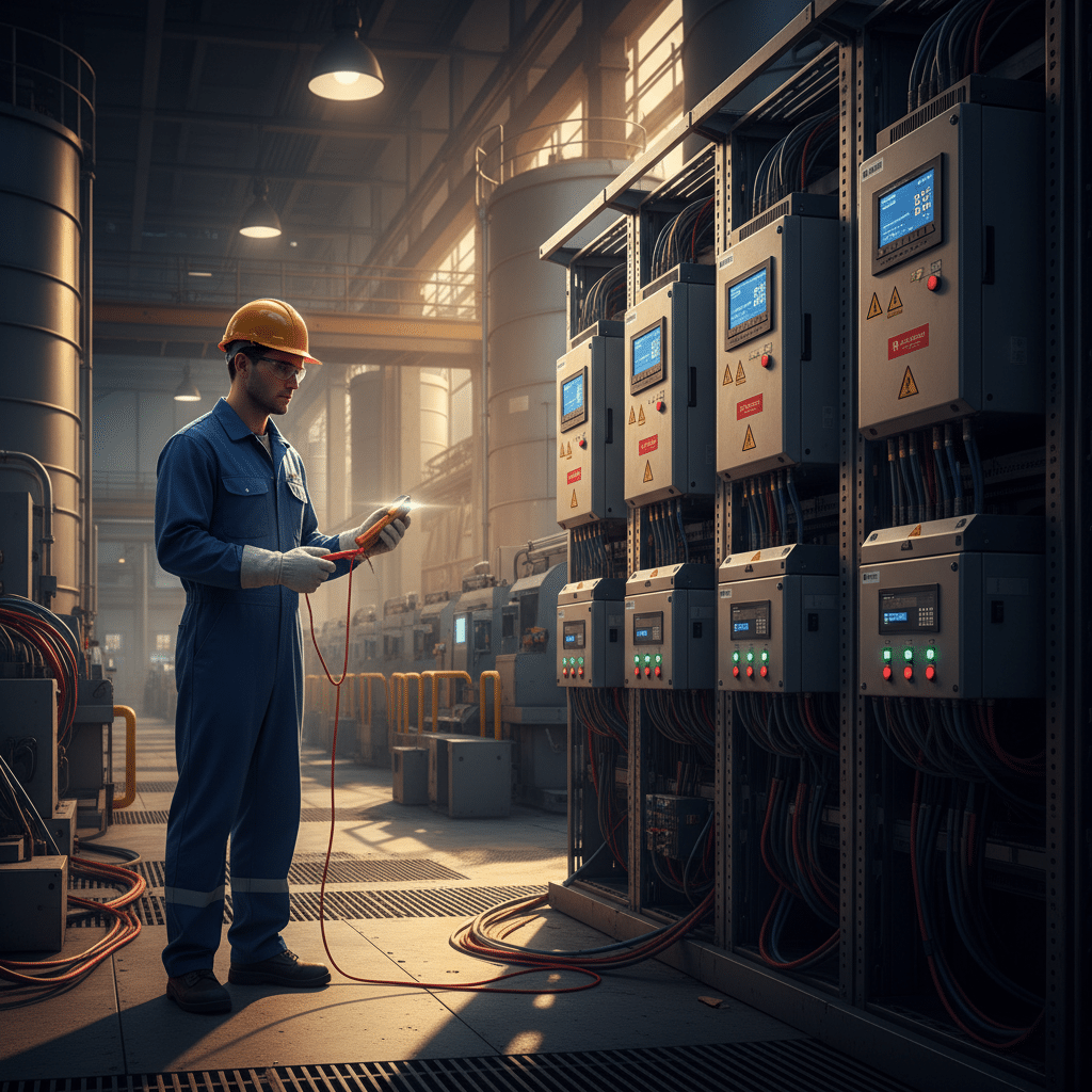 Electrician performing safety checks on abb acs550-pc variable frequency drives vfds, highlighting critical VFD safety sta...