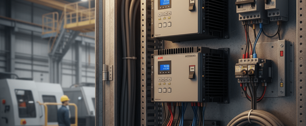 A close-up view of the abb acs550-pd variable frequency drives vfds, expertly installed in an industrial control cabinet f...