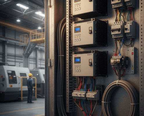 A close-up view of the abb acs550-pd variable frequency drives vfds, expertly installed in an industrial control cabinet f...