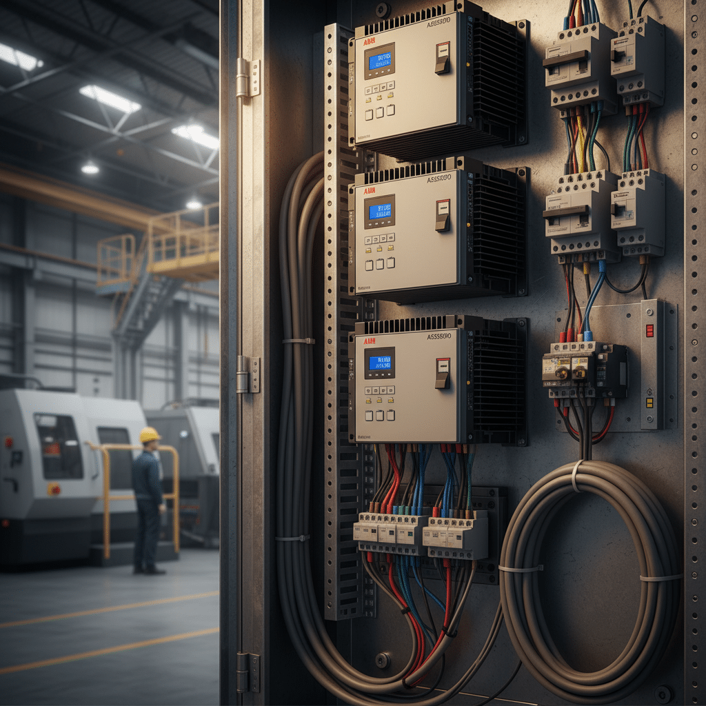 A close-up view of the abb acs550-pd variable frequency drives vfds, expertly installed in an industrial control cabinet f...