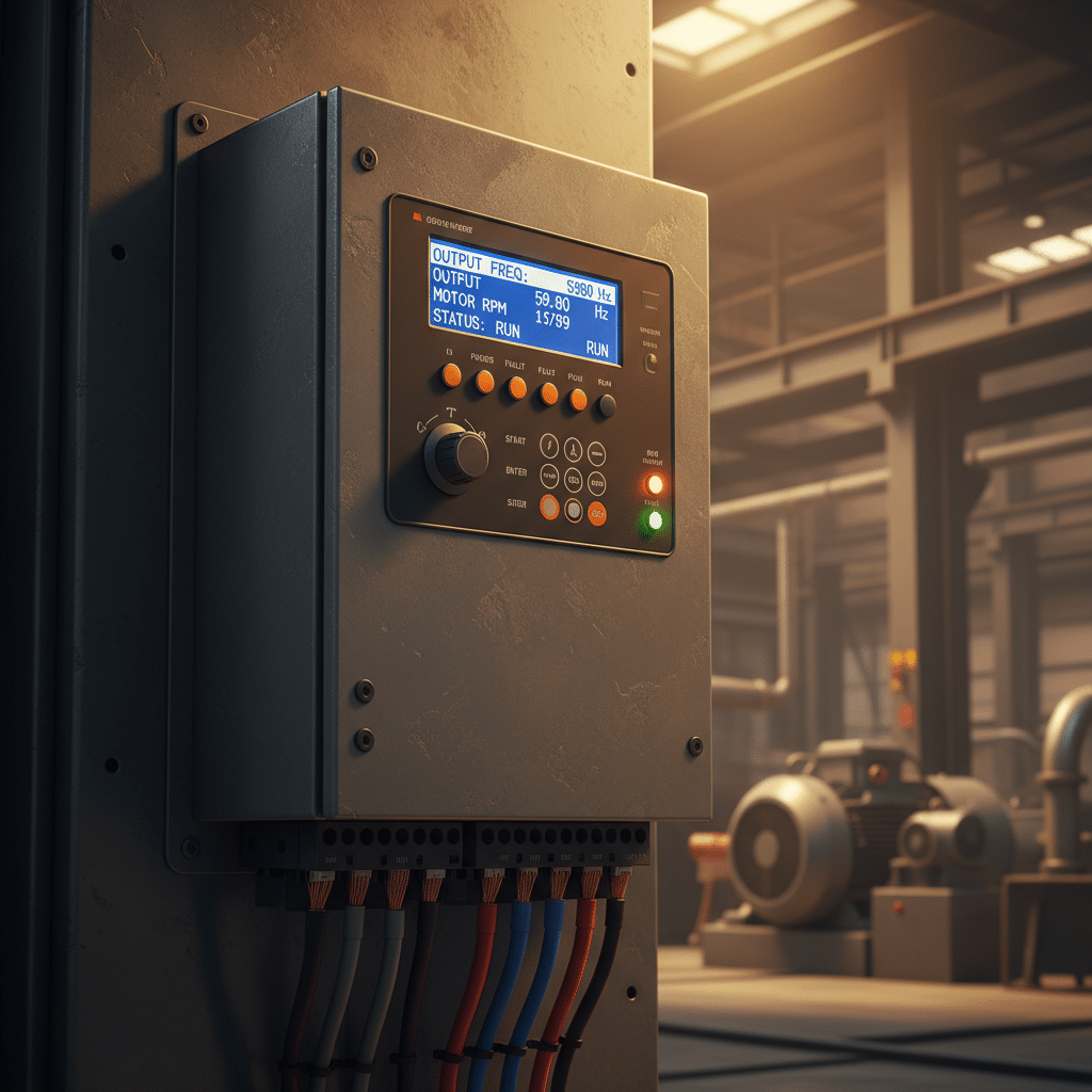 A close-up view of the control panel on the ABB ACS550-PD variable frequency drives VFDs, showcasing the unit's core featu...
