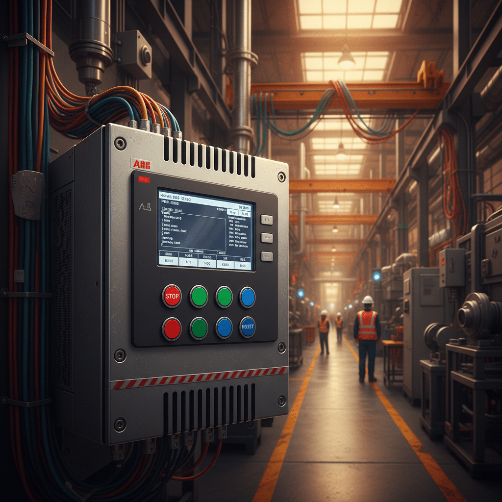 A detailed view of the control panel on the ABB ACS550 variable frequency drives VFDs, highlighting its user interface and...