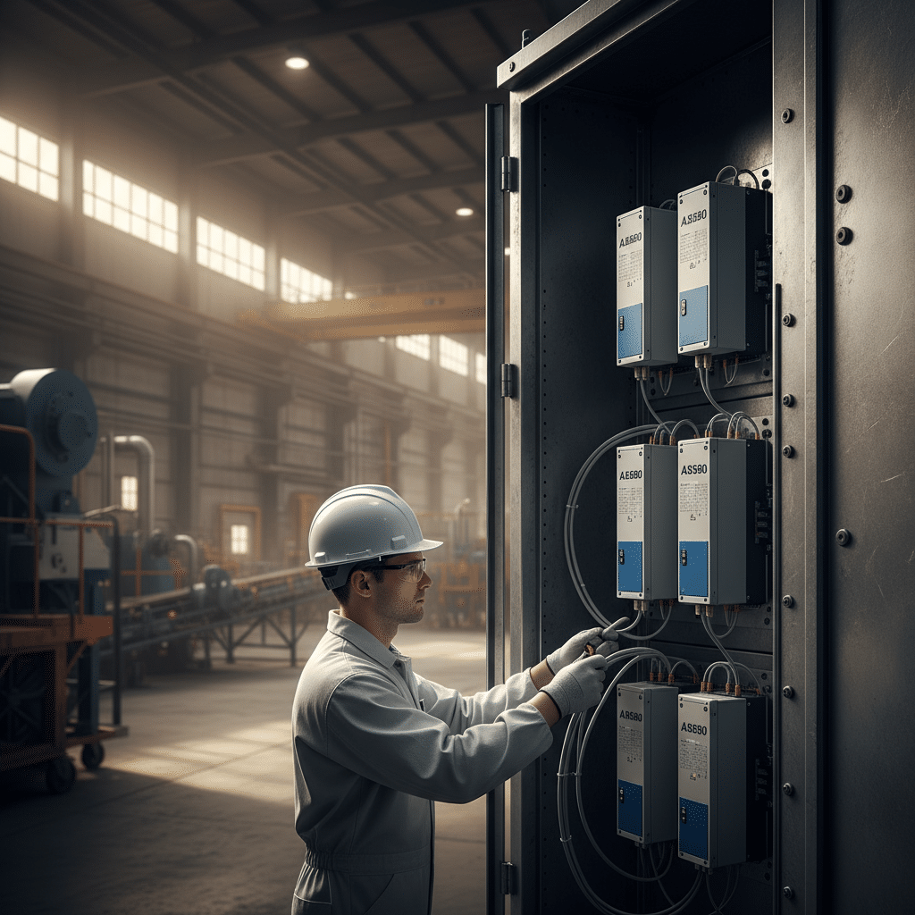 A certified technician performs a safe installation of abb acs550 variable frequency drives vfds in an industrial control ...