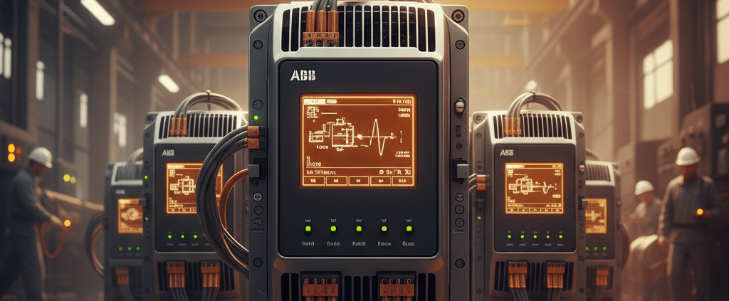 Front view of the ABB ACS580-0P variable frequency drives VFDs, highlighting its user interface and robust design for moto...