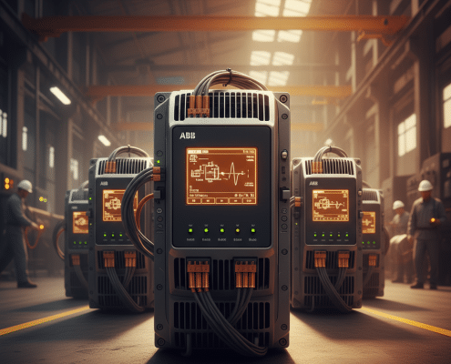 Front view of the ABB ACS580-0P variable frequency drives VFDs, highlighting its user interface and robust design for moto...