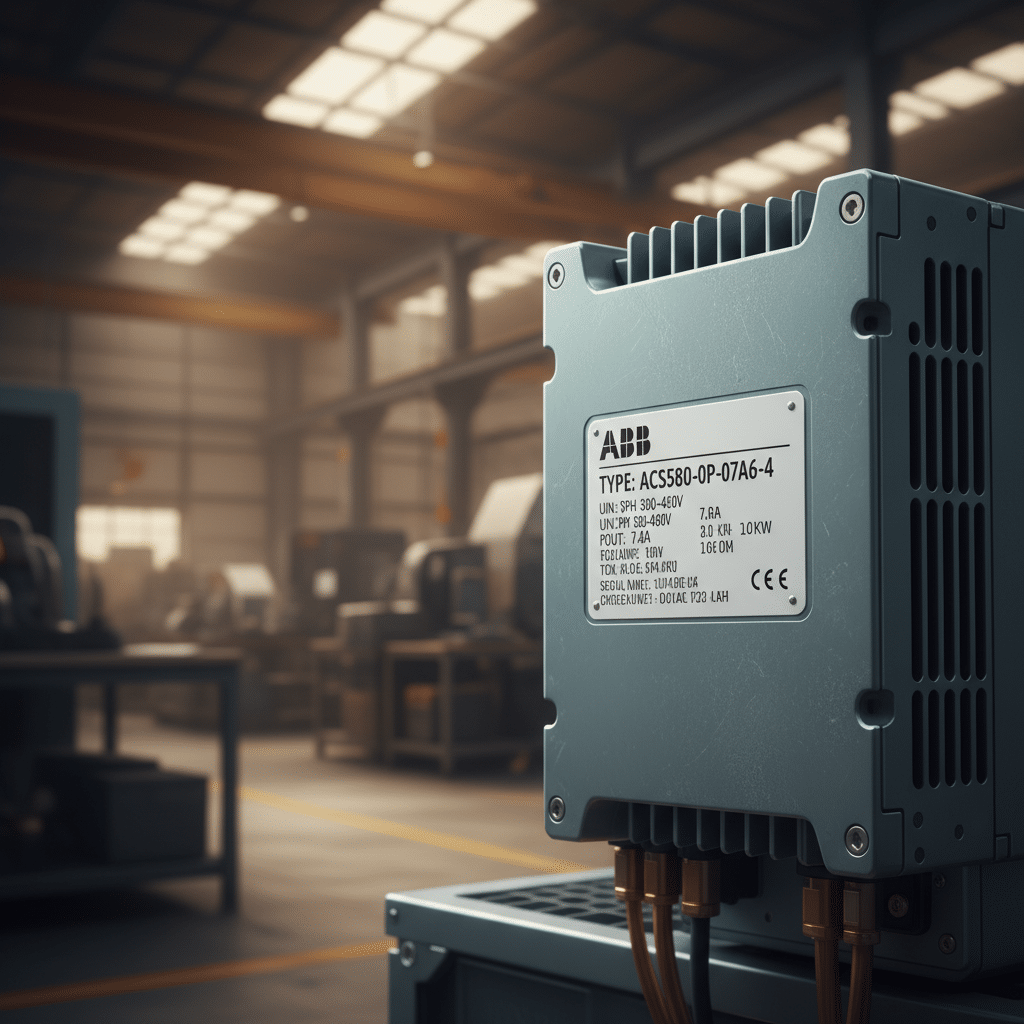 Close-up of the type code label on the side of the abb acs580-0p variable frequency drives vfds, detailing the model number.