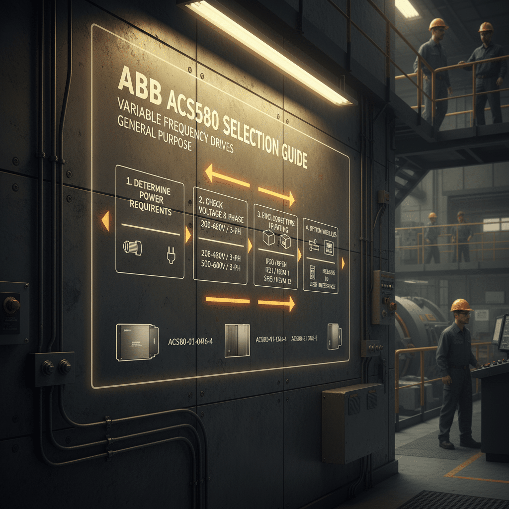 A selection chart for ABB ACS580 variable frequency drives VFDs, outlining the key steps for choosing the correct general ...