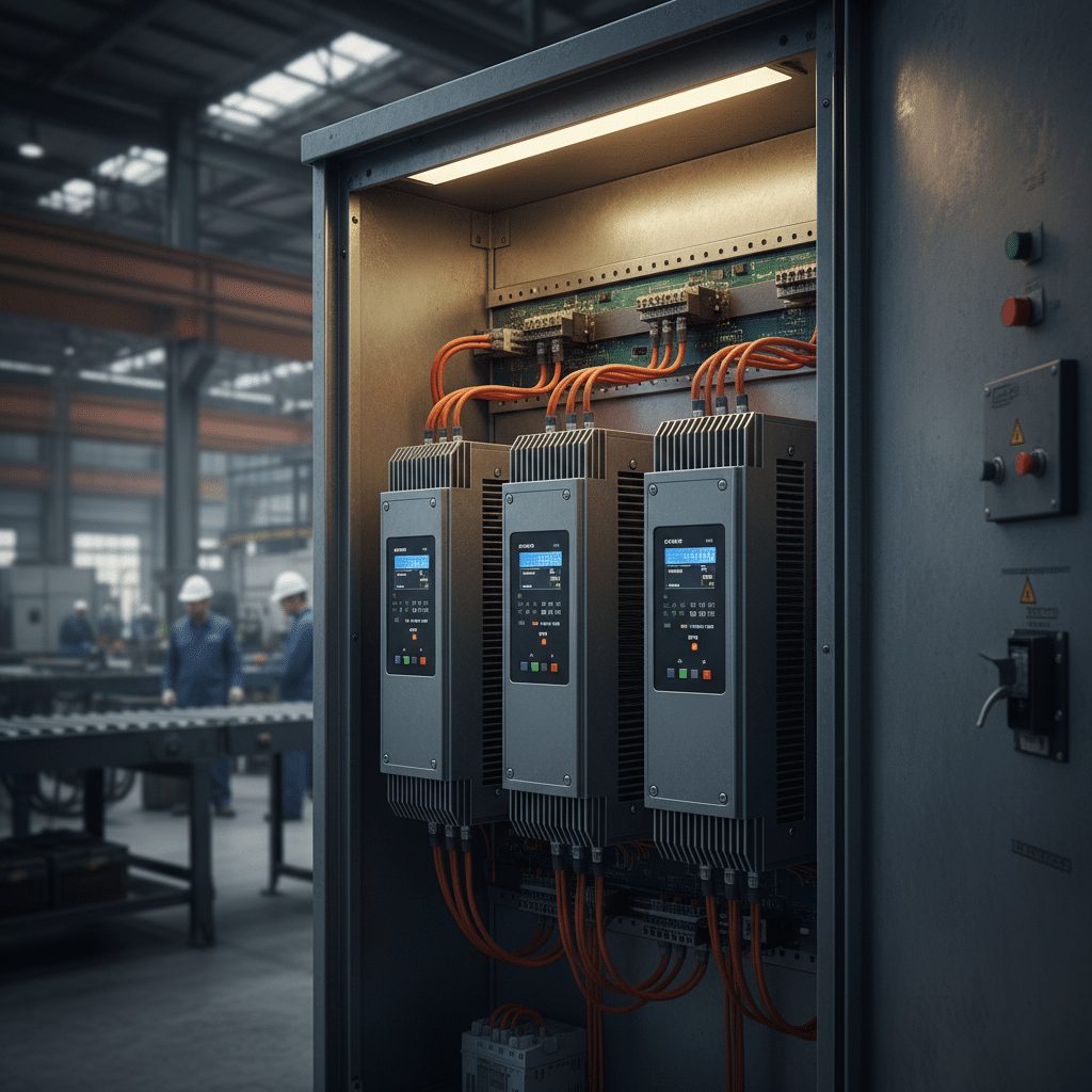 abb acs800 variable frequency drives vfds - A detailed shot of the ABB ACS800 variable frequency drives (VFDs) mounted within
