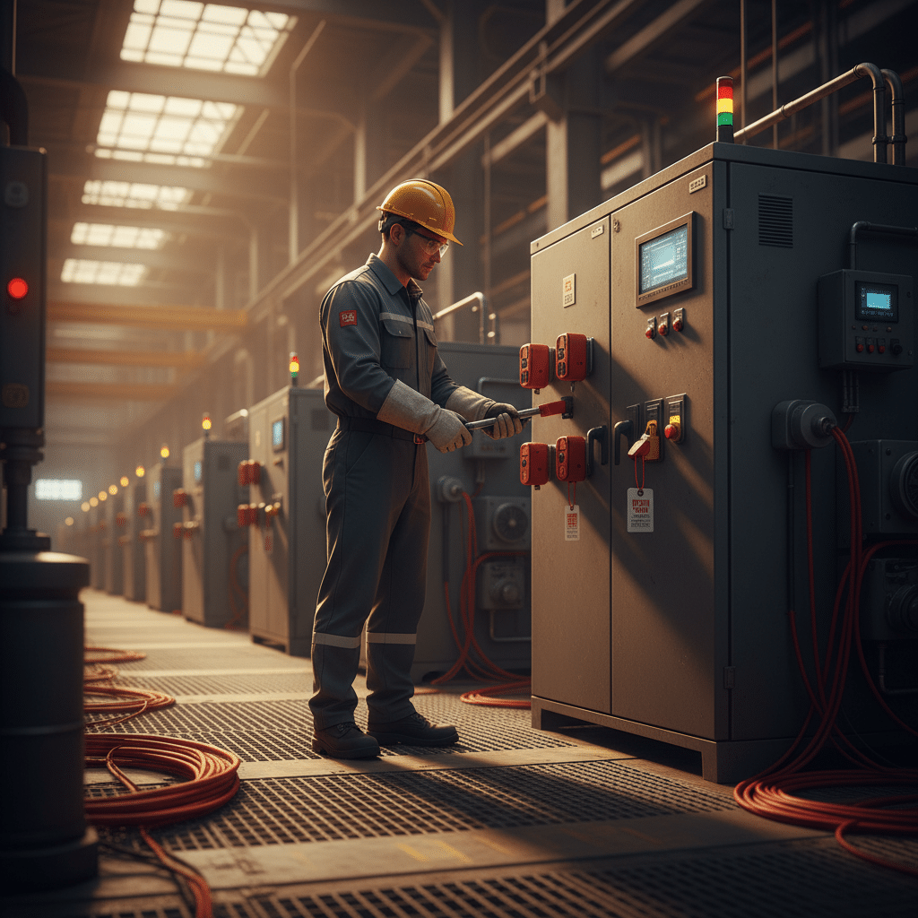abb acs800 variable frequency drives vfds - Technician performing a critical safety lockout procedure on one of the ABB ACS80
