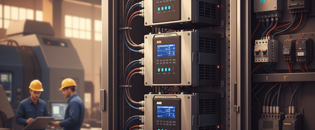 A close-up of the abb acs880 variable frequency drives vfds installed in a modern industrial control cabinet for motor opt...