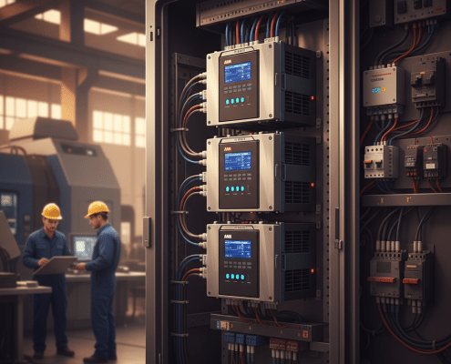 A close-up of the abb acs880 variable frequency drives vfds installed in a modern industrial control cabinet for motor opt...