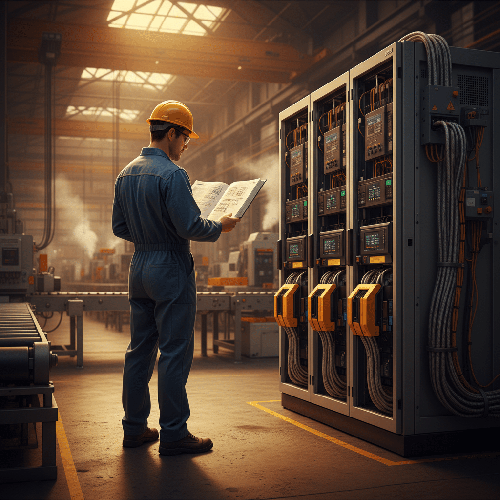 abb acs880 variable frequency drives vfds - An engineer consults the manual for the ABB ACS880 variable frequency drives (VFD