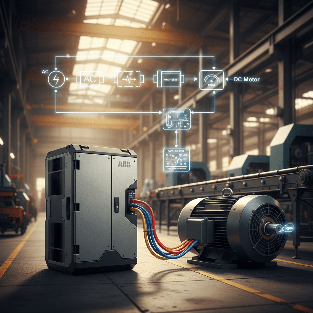 Diagram showing how abb dcs880 variable speed drives vsds provide precise dc motor speed control for industrial applications.