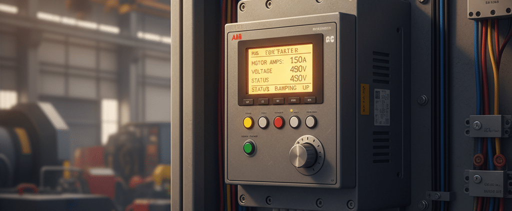 Close-up of the user interface on the efficient ABB PSE softstarters, mounted inside an industrial electrical control panel.
