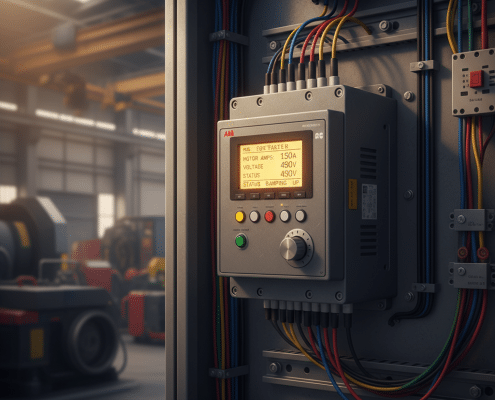 Close-up of the user interface on the efficient ABB PSE softstarters, mounted inside an industrial electrical control panel.