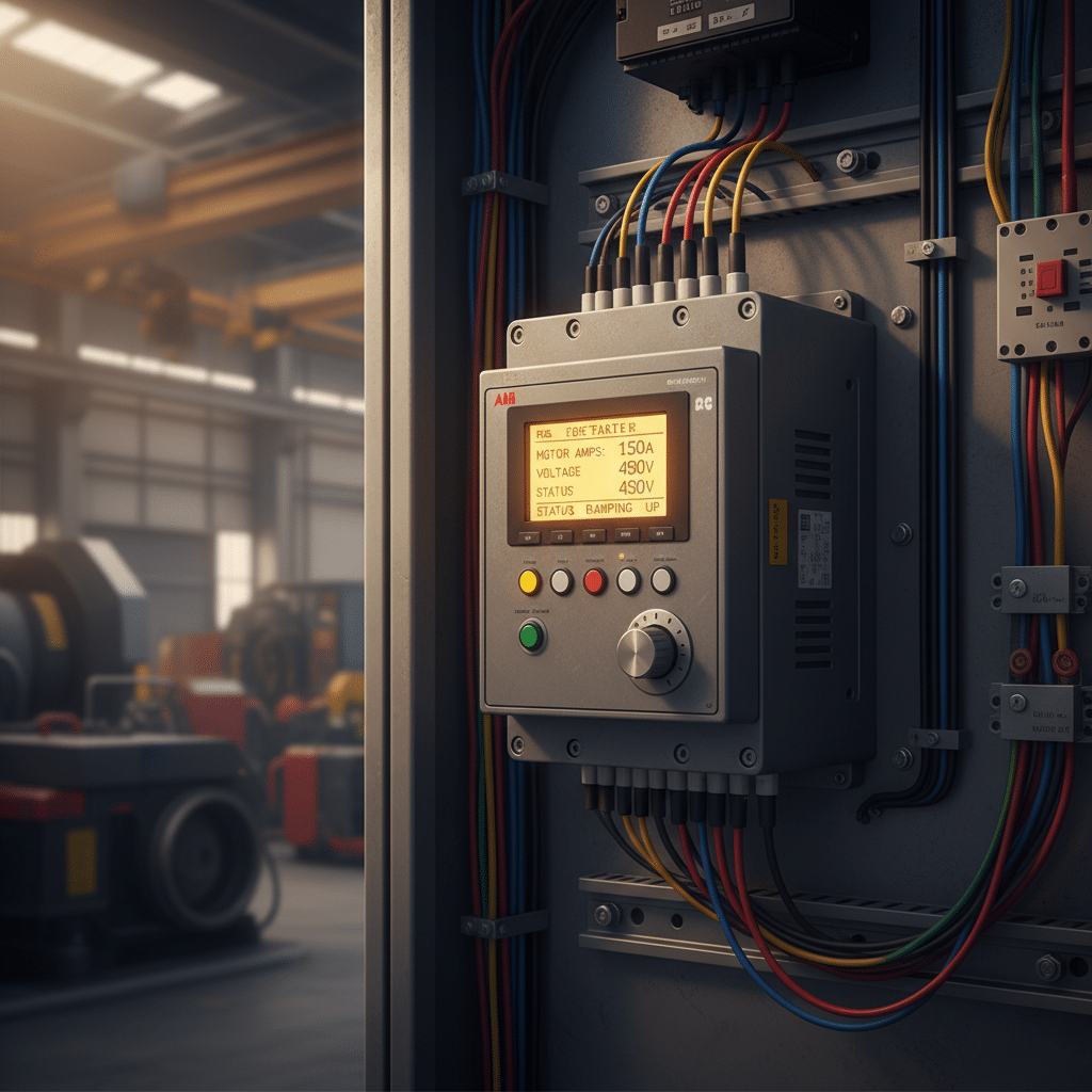 Close-up of the user interface on the efficient ABB PSE softstarters, mounted inside an industrial electrical control panel.