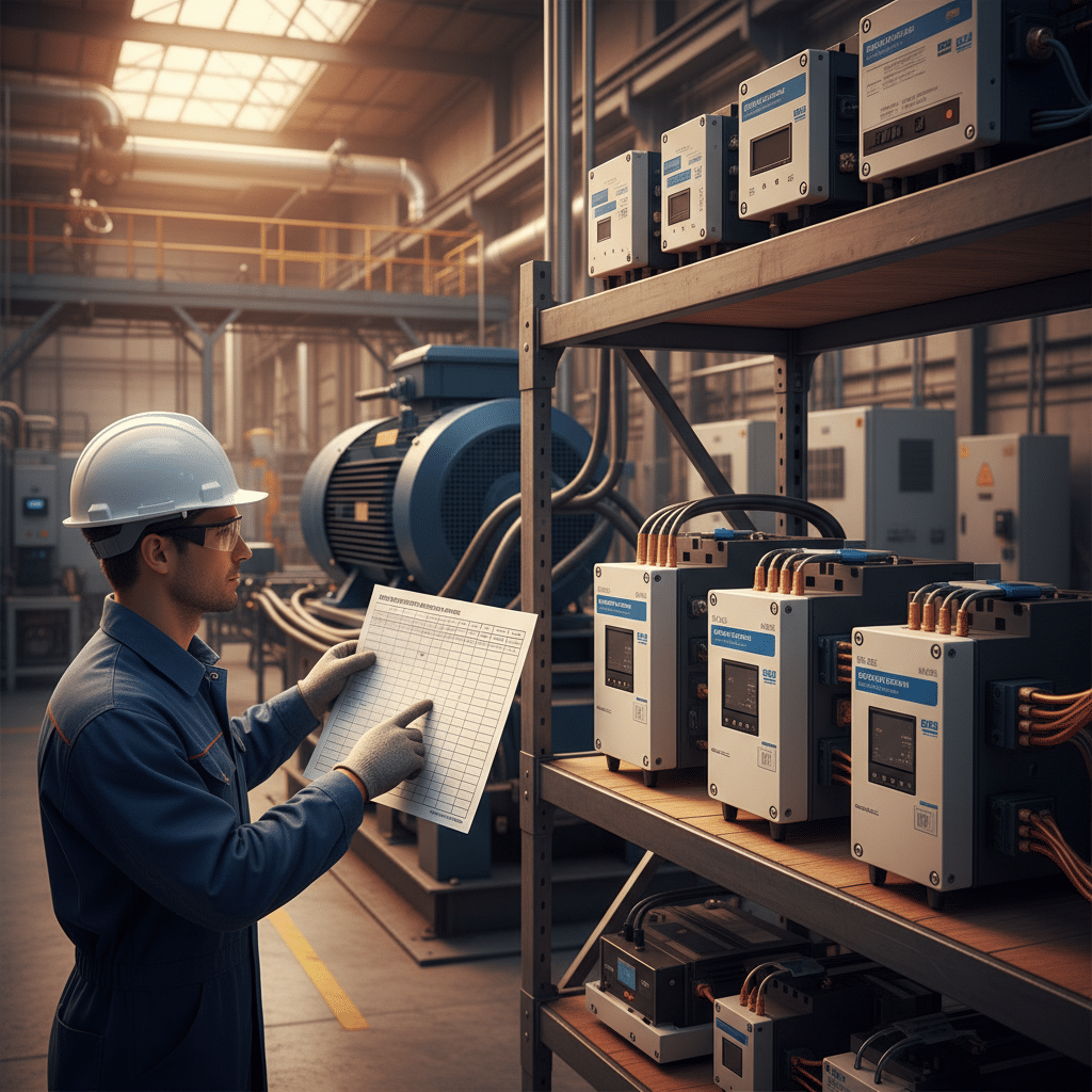 Engineer using a sizing chart to select the correct model from the range of ABB PSE softstarters for an industrial motor a...