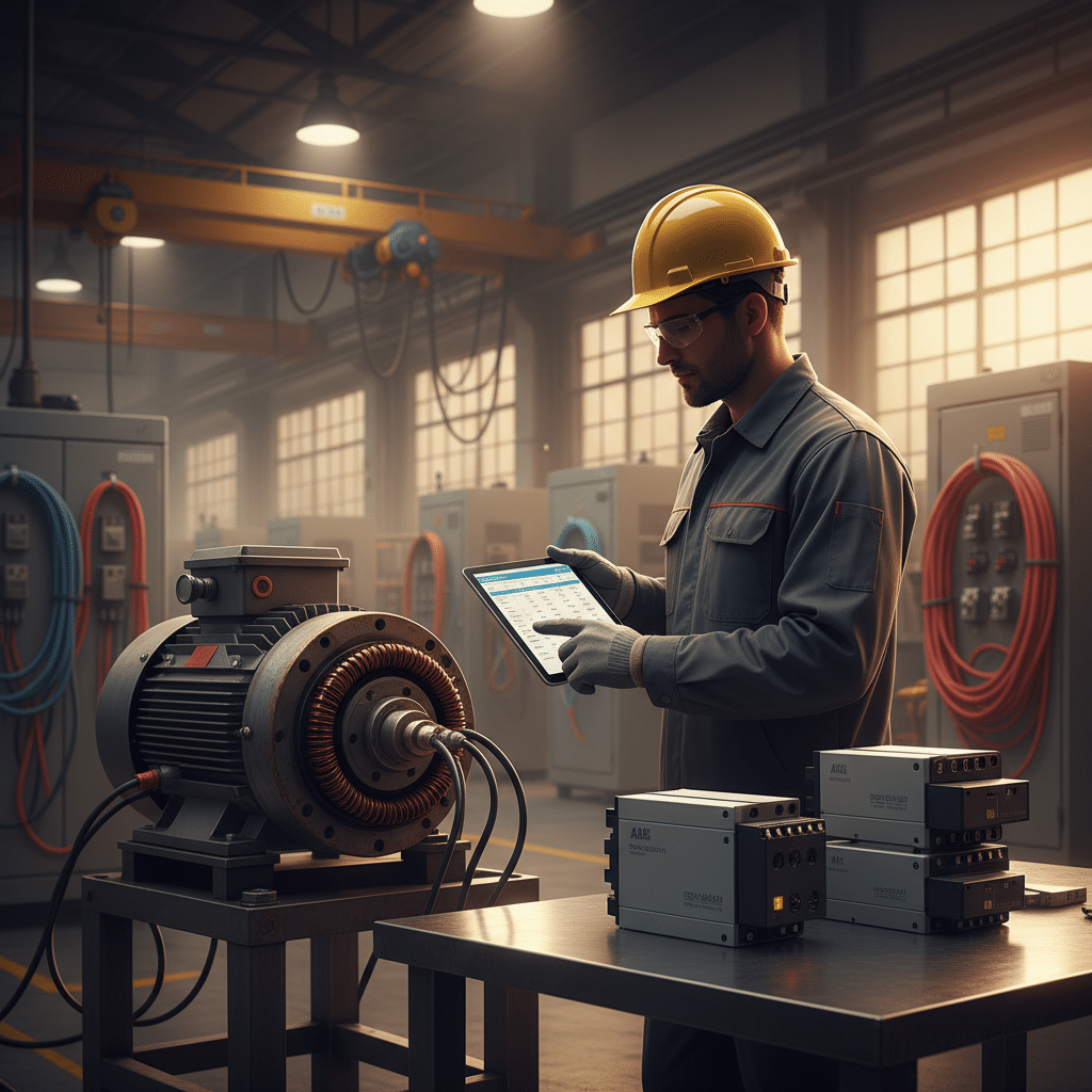 Engineer using a sizing chart to select the correct model of ABB PSR softstarters for a motor control application.