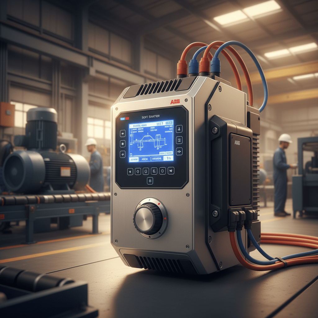 A clear product image of the advanced ABB PSTX softstarters, highlighting the digital display and control interface for mo...