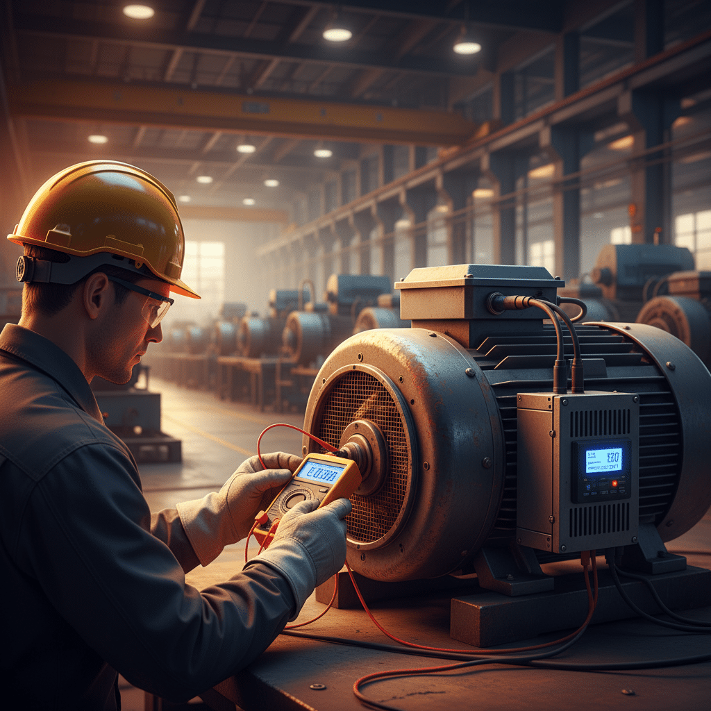 Technician wearing safety glasses and insulated gloves using a multimeter to perform a safety check on an ac motor with vf...