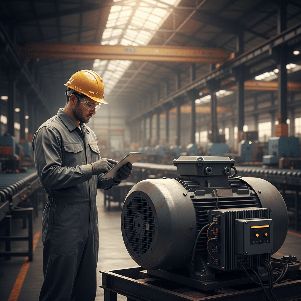 Technician carefully comparing the manufacturer nameplate details on an ac motor with vfd to ensure correct specifications.