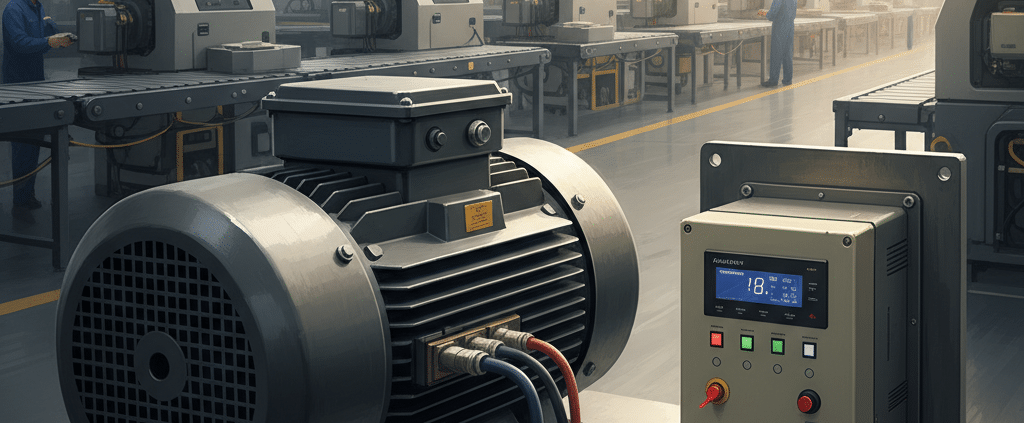 An industrial ac motor with vfd speed controller unit, illustrating the core components of modern motor control systems fo...