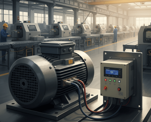 An industrial ac motor with vfd speed controller unit, illustrating the core components of modern motor control systems fo...