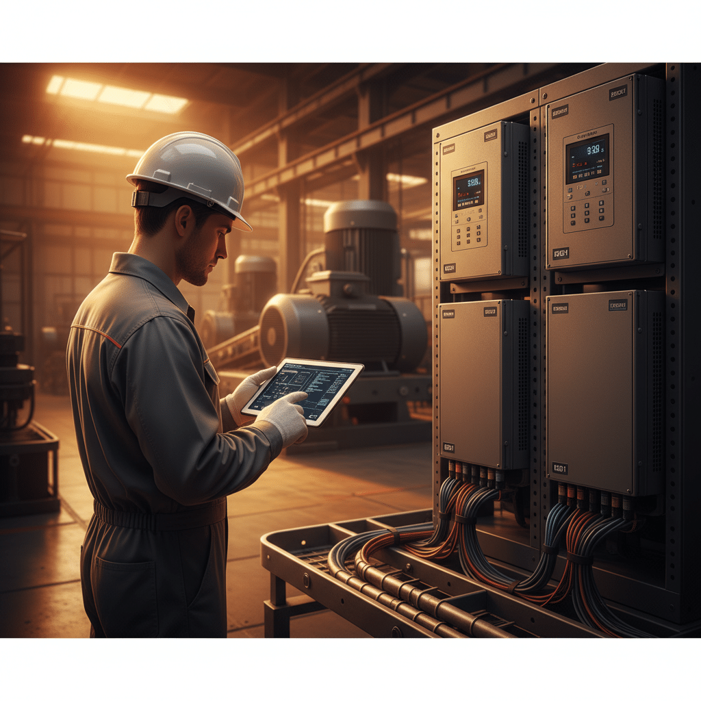 Technician performing advanced programming on Eaton DG1 variable frequency drives VFDs to optimize motor efficiency.