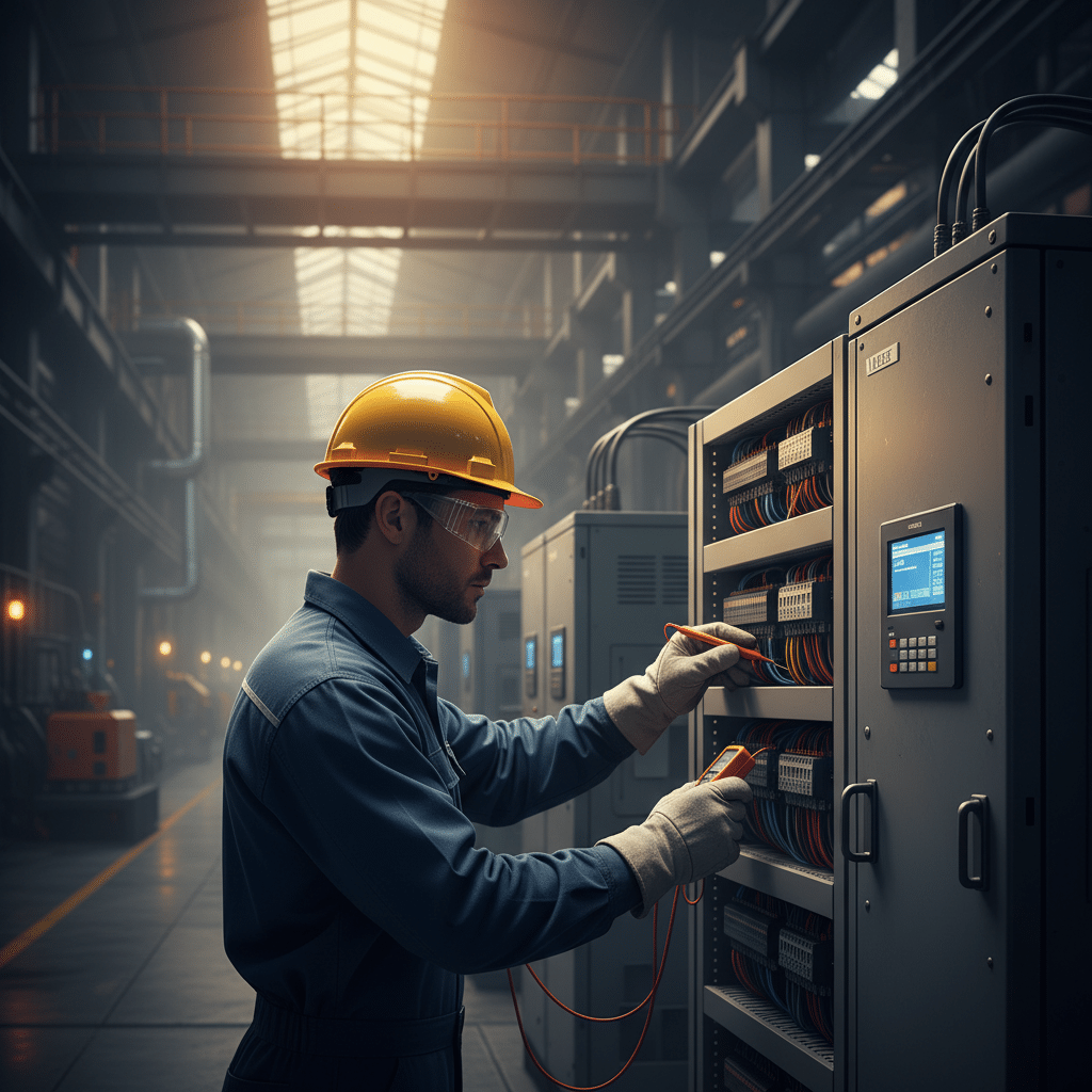 An engineer wearing safety glasses and gloves performs a pre-programming safety check on allen bradley vfd drives.