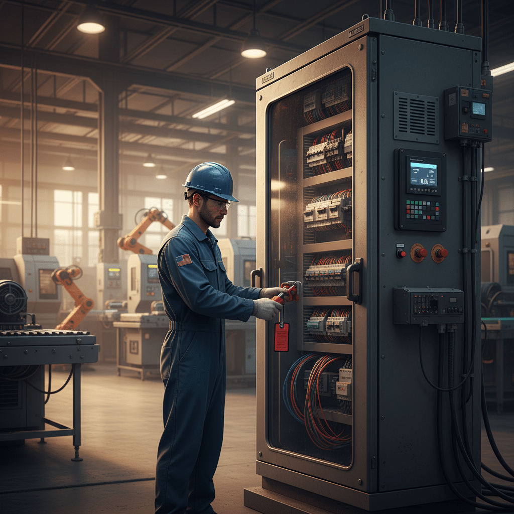 A technician performs a critical lockout/tagout safety procedure on an Allen Bradley VFD electrical panel before maintenance.