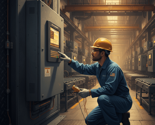 A technician troubleshooting an Allen Bradley VFD by checking fault codes on the HIM display as part of a practical guide.