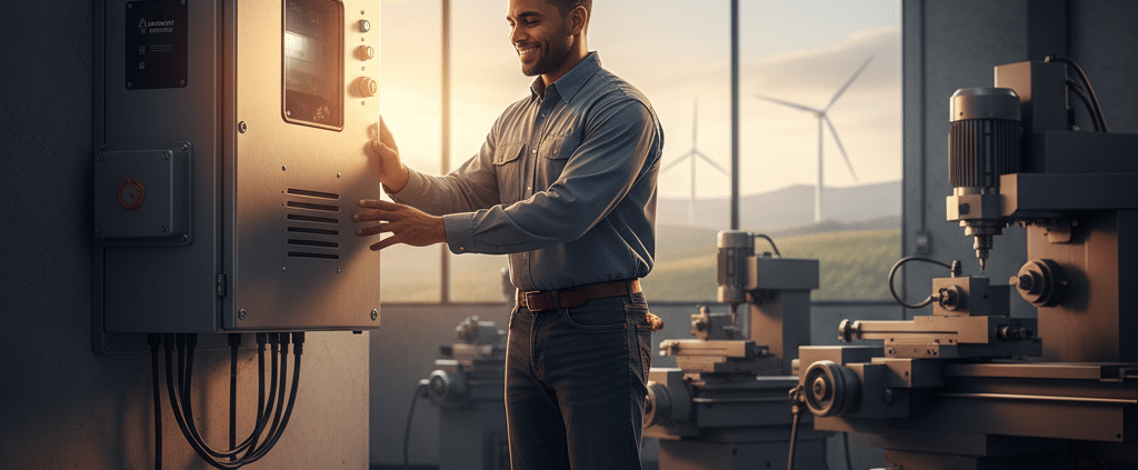 A wall-mounted unit from the line of American Rotary ADX rotary phase converters solving the 3-phase power dilemma in a wo...