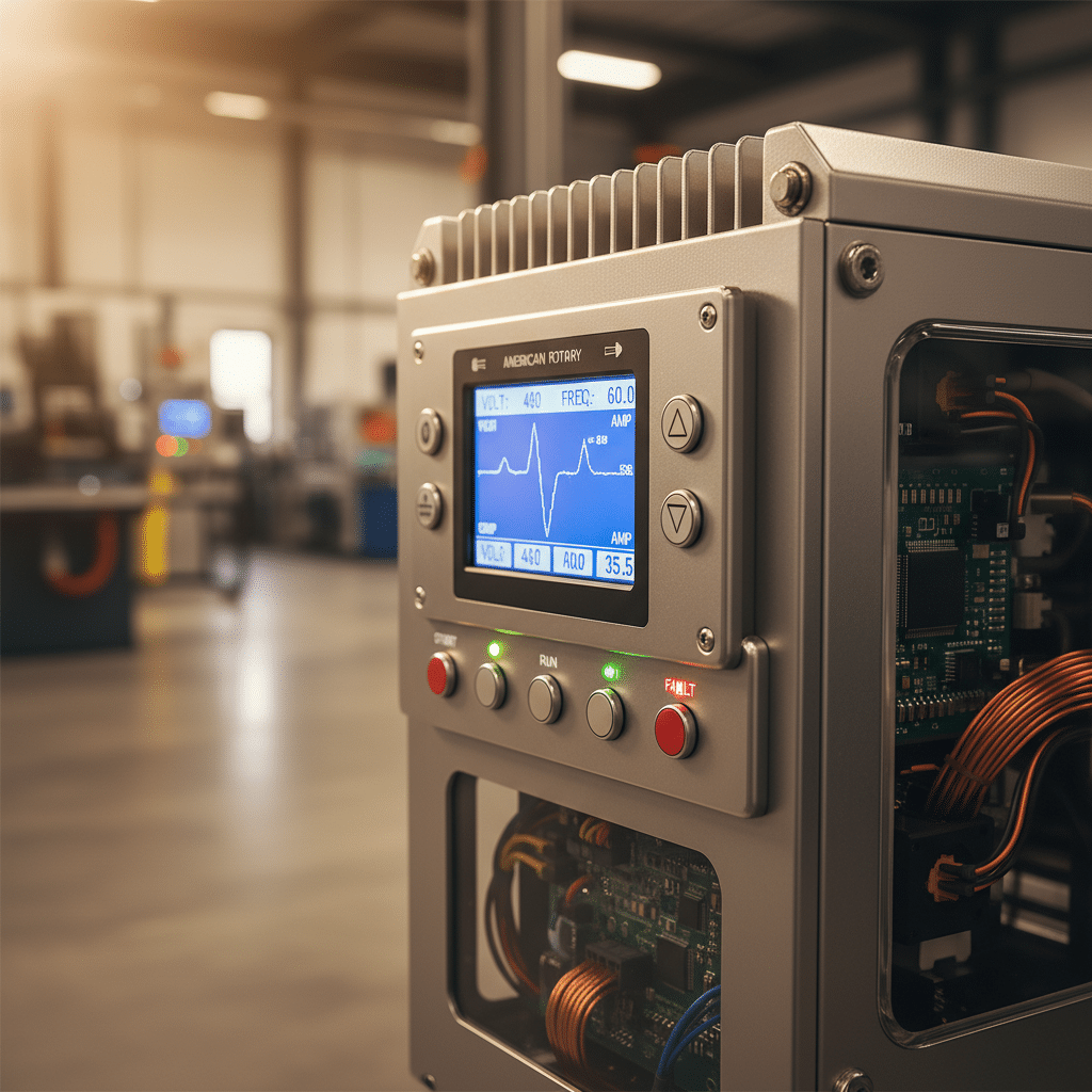 Key Differentiating Features of American Rotary ADX Rotary Phase Converters A close-up view of the advanced features of american rotary adx rotary phase converters, highlighting the digital control ...