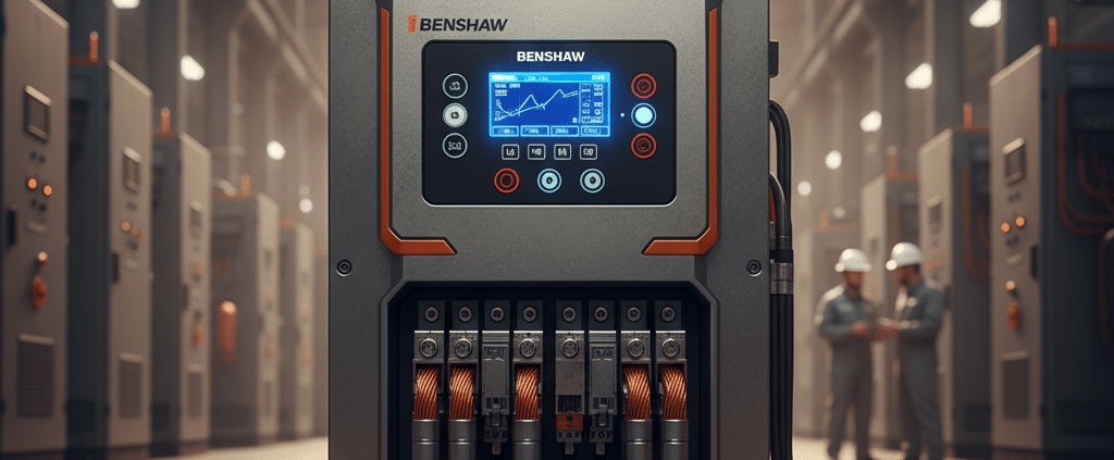 Front view of the Benshaw EMX4e softstarters unit, showing the control panel, display, and connection terminals.