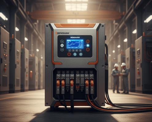 Front view of the Benshaw EMX4e softstarters unit, showing the control panel, display, and connection terminals.