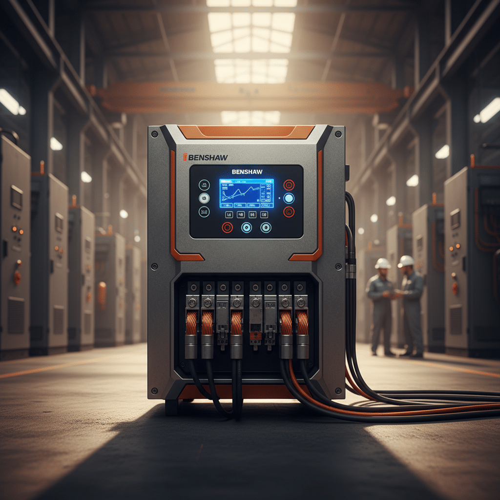 Front view of the Benshaw EMX4e softstarters unit, showing the control panel, display, and connection terminals.