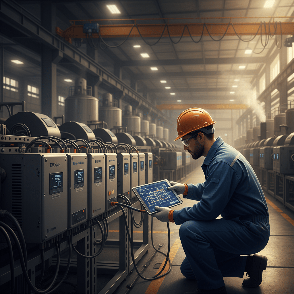 A technician carefully follows the wiring diagram for the installation and commissioning of Benshaw EMX4e softstarters ins...