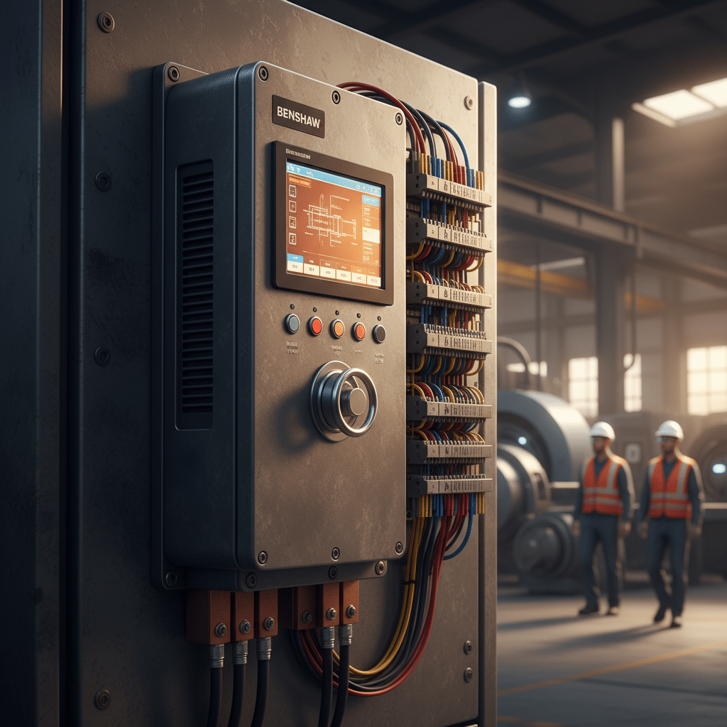 A product image of the Benshaw EMX4i softstarters, highlighting the advanced control panel, input/output terminals, and co...