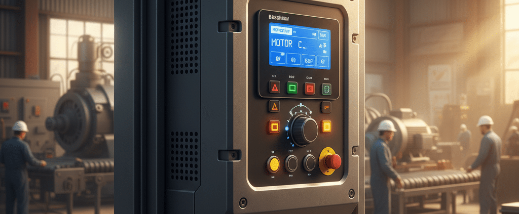 Front view of the Benshaw EMX4i softstarters unit, showing its digital display and control panel used for advanced motor c...