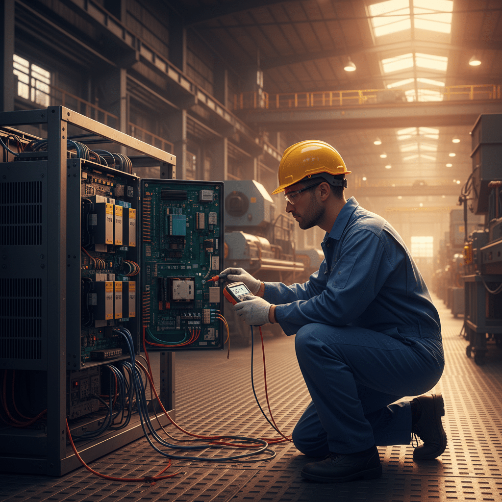 Technician performing systematic electrical troubleshooting on benshaw mx4pb softstarters with a multimeter to diagnose an...