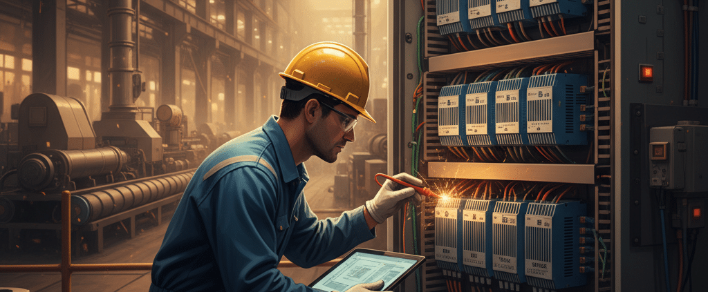 A technician inspecting Benshaw MX4PB softstarters in an industrial control panel to identify potential issues.