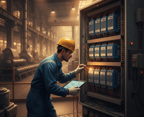 A technician inspecting Benshaw MX4PB softstarters in an industrial control panel to identify potential issues.