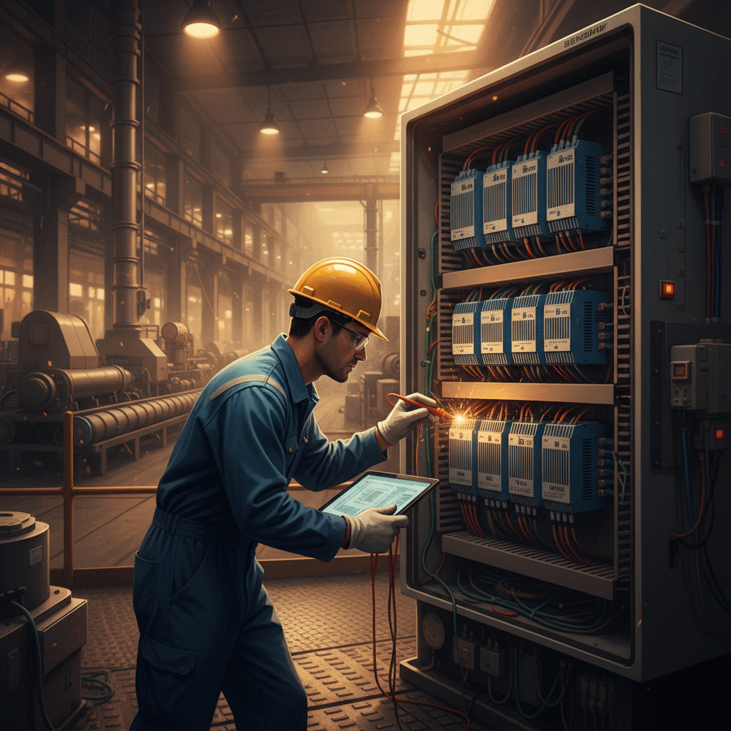 A technician inspecting Benshaw MX4PB softstarters in an industrial control panel to identify potential issues.