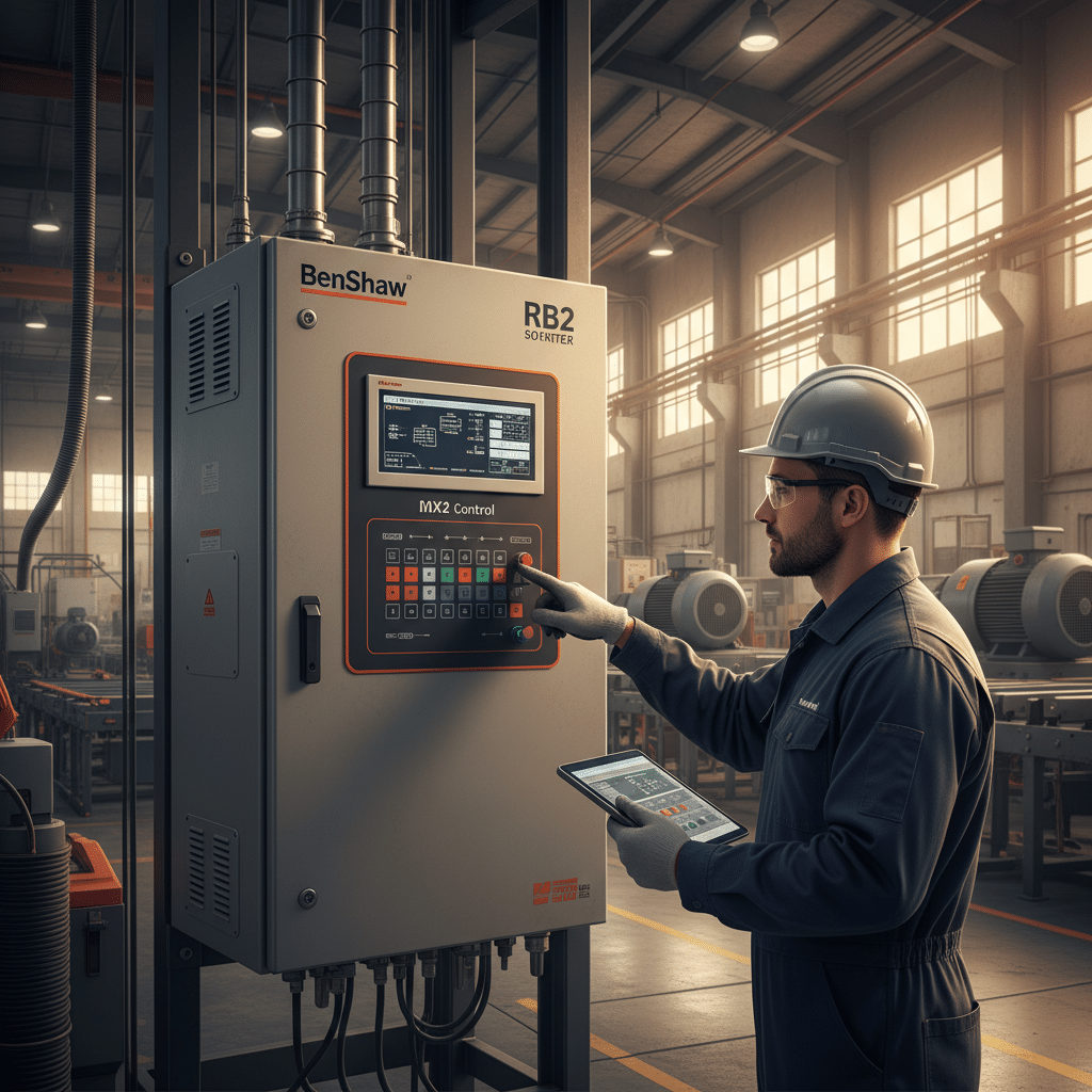 An engineer points to the advanced MX2 control panel on the Benshaw RB2 softstarters, highlighting its motor protection fe...